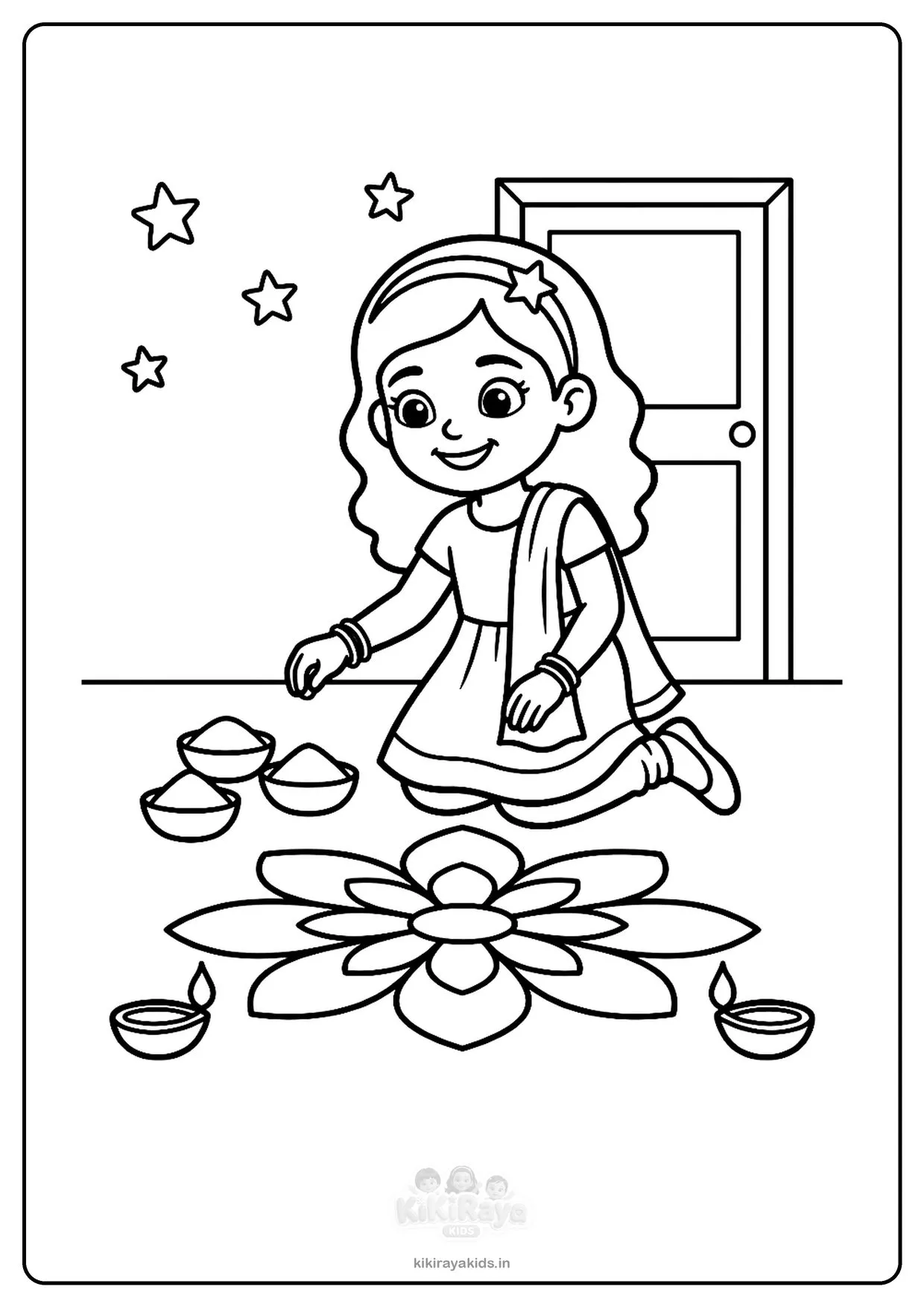 Diwali rangoli colouring page: Nanu making a big flower rangoli at the front door with bowls of colour