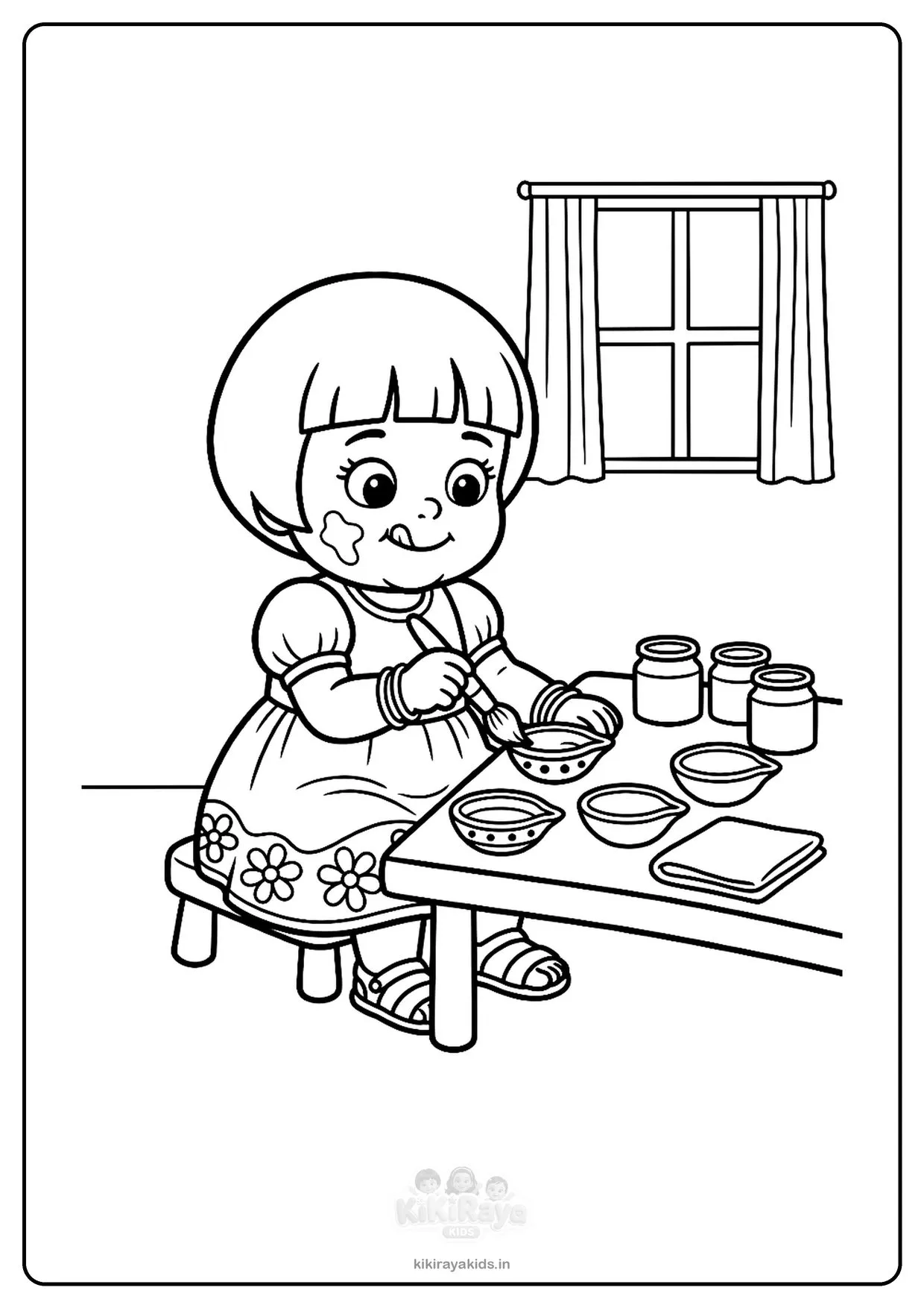 Diya colouring page: toddler Kiti painting clay diyas with a paintbrush at a low table with paint pots