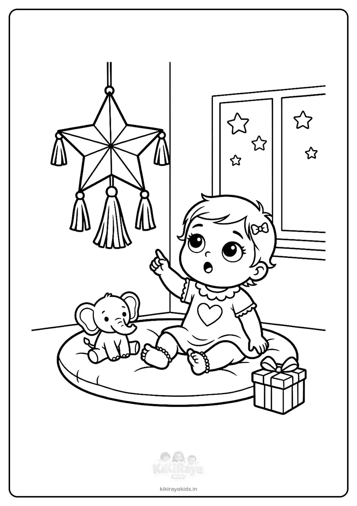 Diwali colouring page for toddlers: baby Pannu pointing at a big star-shaped akash kandil lantern