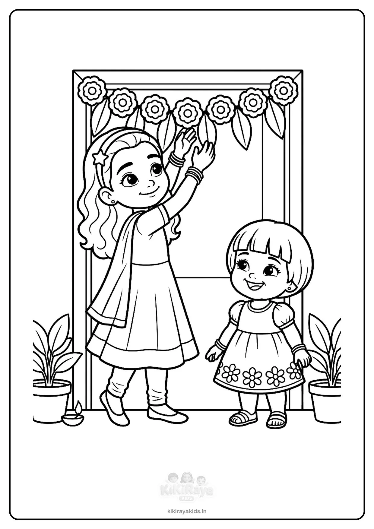 Diwali toran colouring page: Nanu and Kiti hanging a marigold and mango-leaf toran over the front door