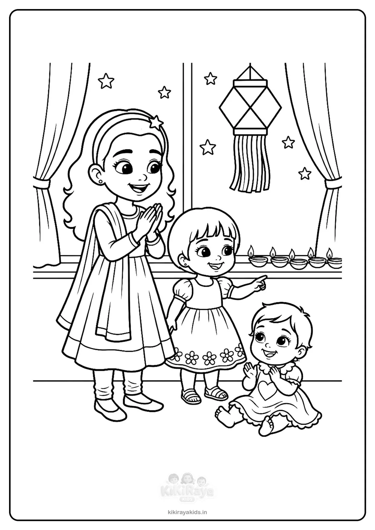 Diwali colouring page: Nanu, Kiti and Pannu standing back and admiring a row of lit diyas on a window ledge under a kandil and the stars