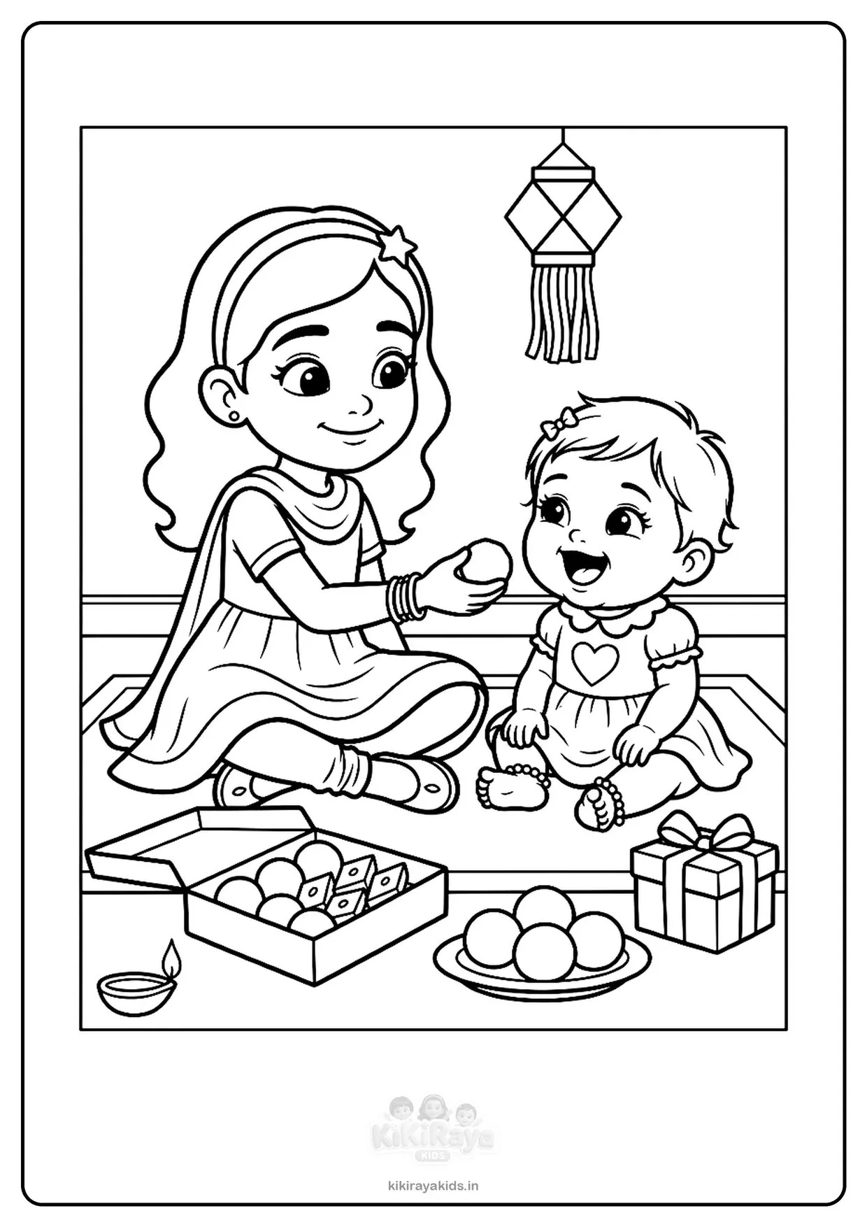 Diwali sweets colouring page: Nanu feeding baby Pannu a laddoo from a box of mithai
