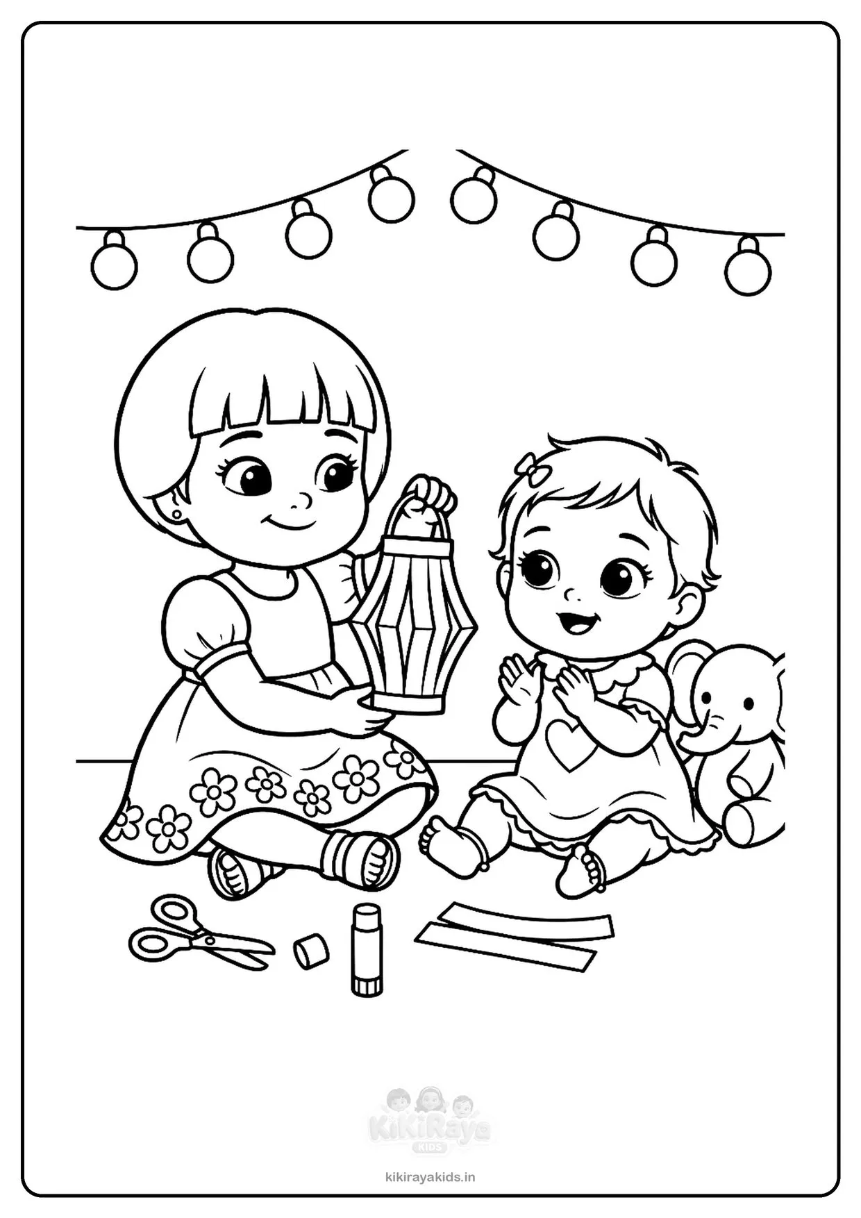 Diwali craft colouring page: Kiti holding a paper lantern she made while baby Pannu claps under string lights