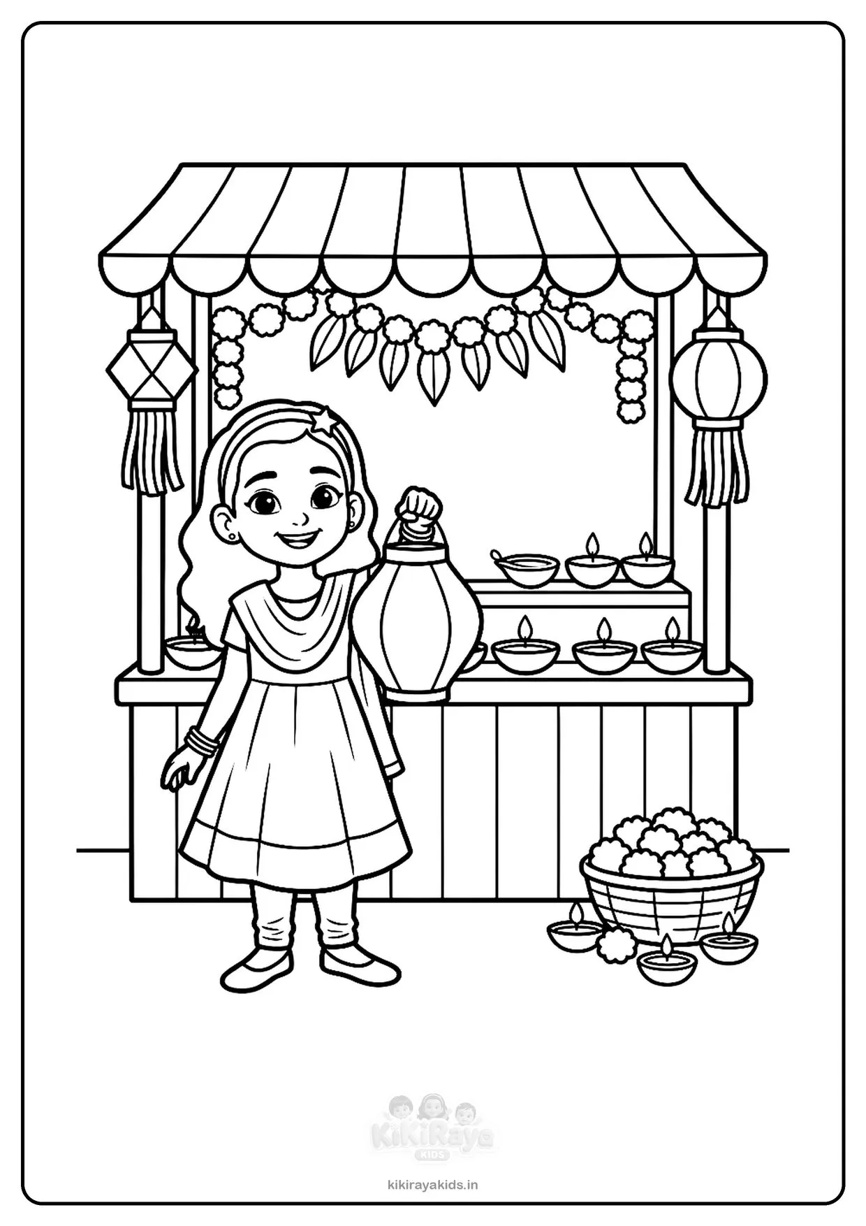 Diwali market colouring page: Nanu holding a paper lantern in front of a stall with diyas and lanterns