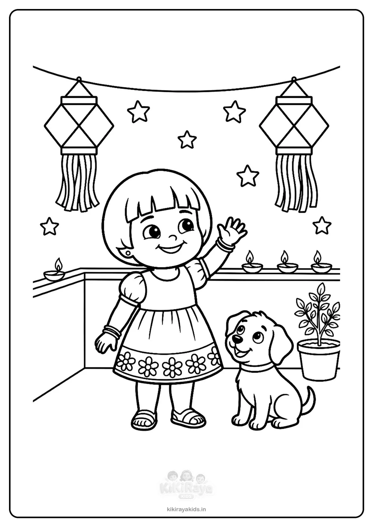 Diwali night colouring page: Kiti waving at the stars on a rooftop with kandils, diyas and a puppy