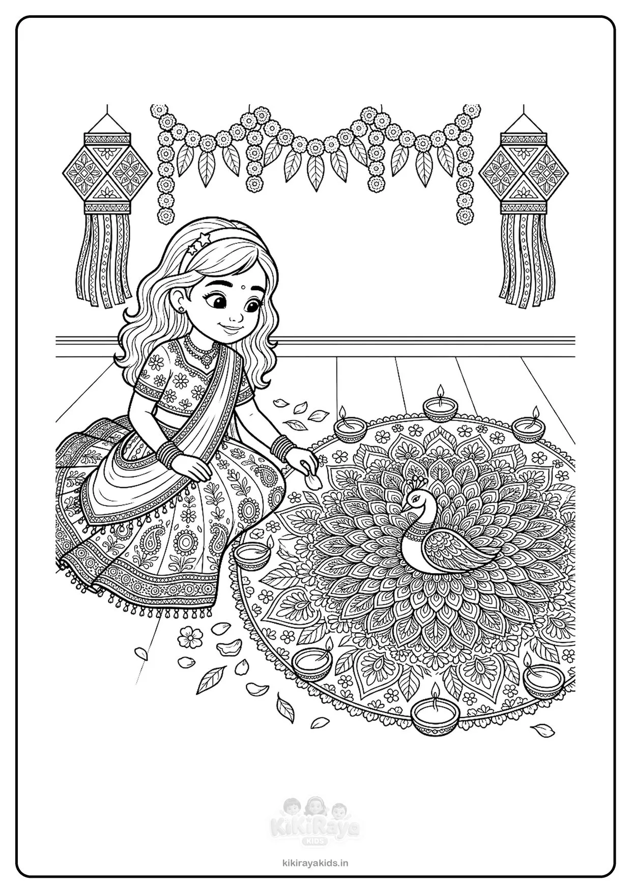 Detailed Diwali rangoli colouring page for older kids: a peacock rangoli mandala with diyas and Nanu in a patterned lehenga