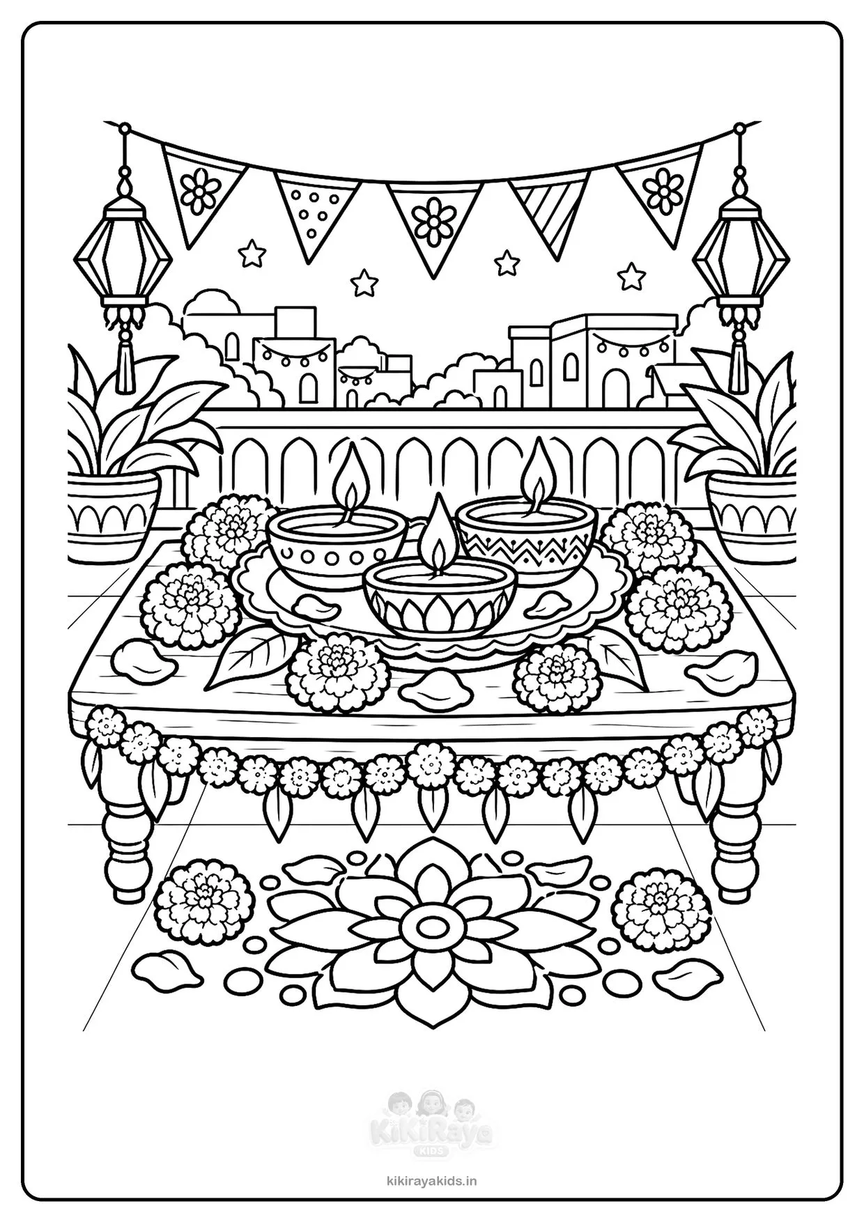 Detailed Diwali colouring page: three decorated diyas on a brass plate with marigolds, rangoli, lanterns and flags