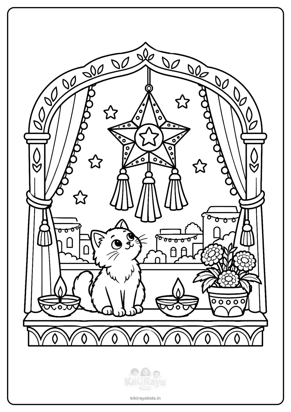 Detailed Diwali colouring page: cat on a window sill looking up at a star akash kandil, with diyas and marigolds