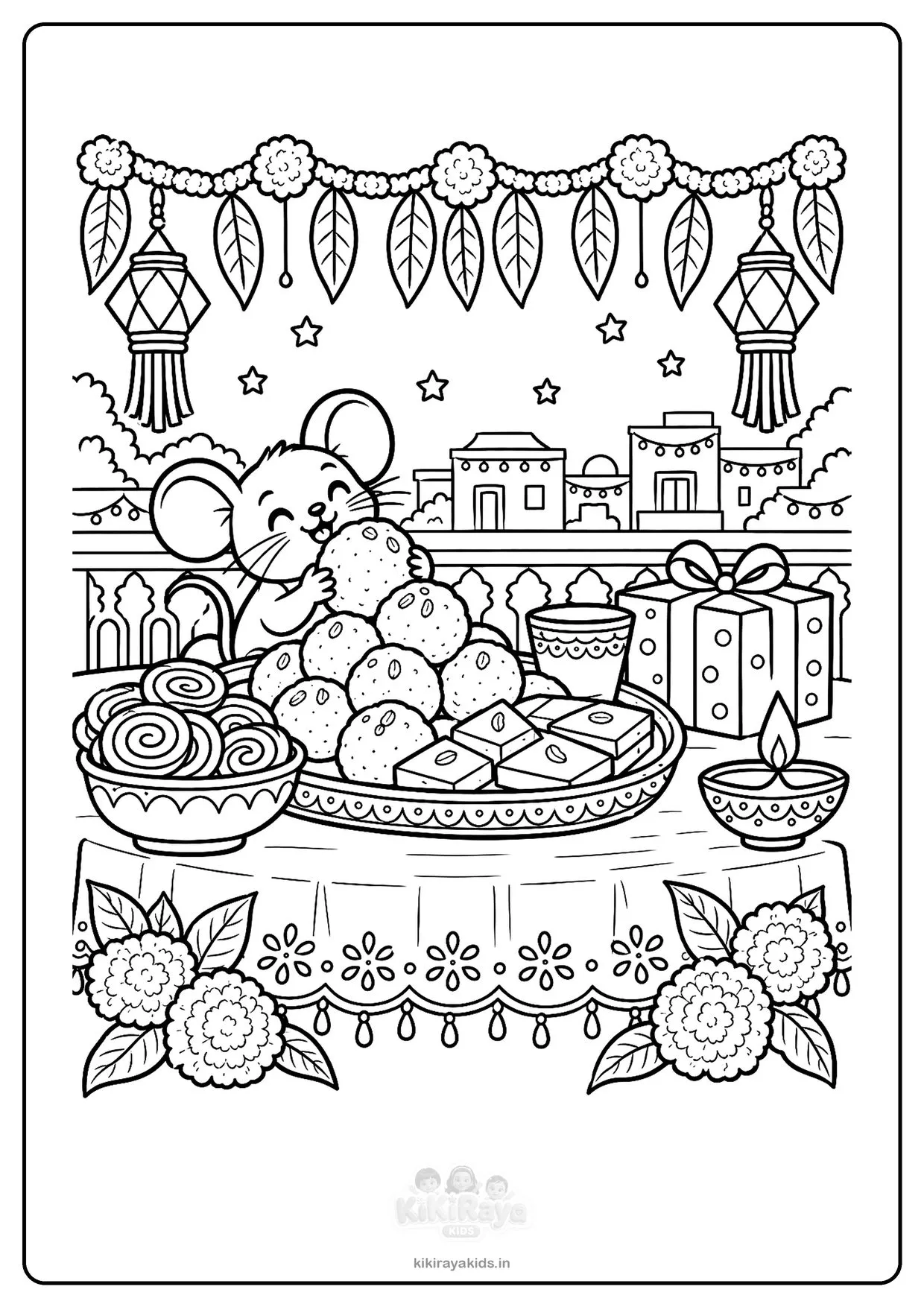 Detailed Diwali sweets colouring page: a mouse hugging a laddoo behind a plate of laddoos, kaju katli and jalebi