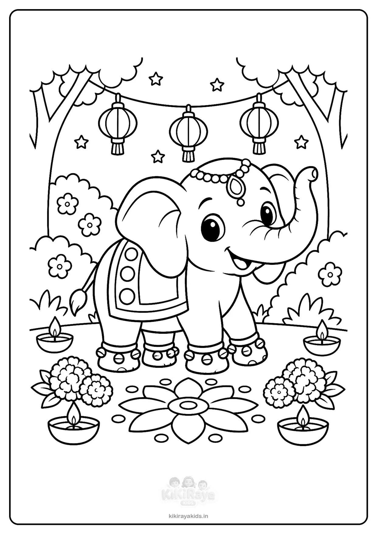 Easy Diwali colouring page: cute decorated baby elephant in a garden with lanterns, marigolds, diyas and a rangoli