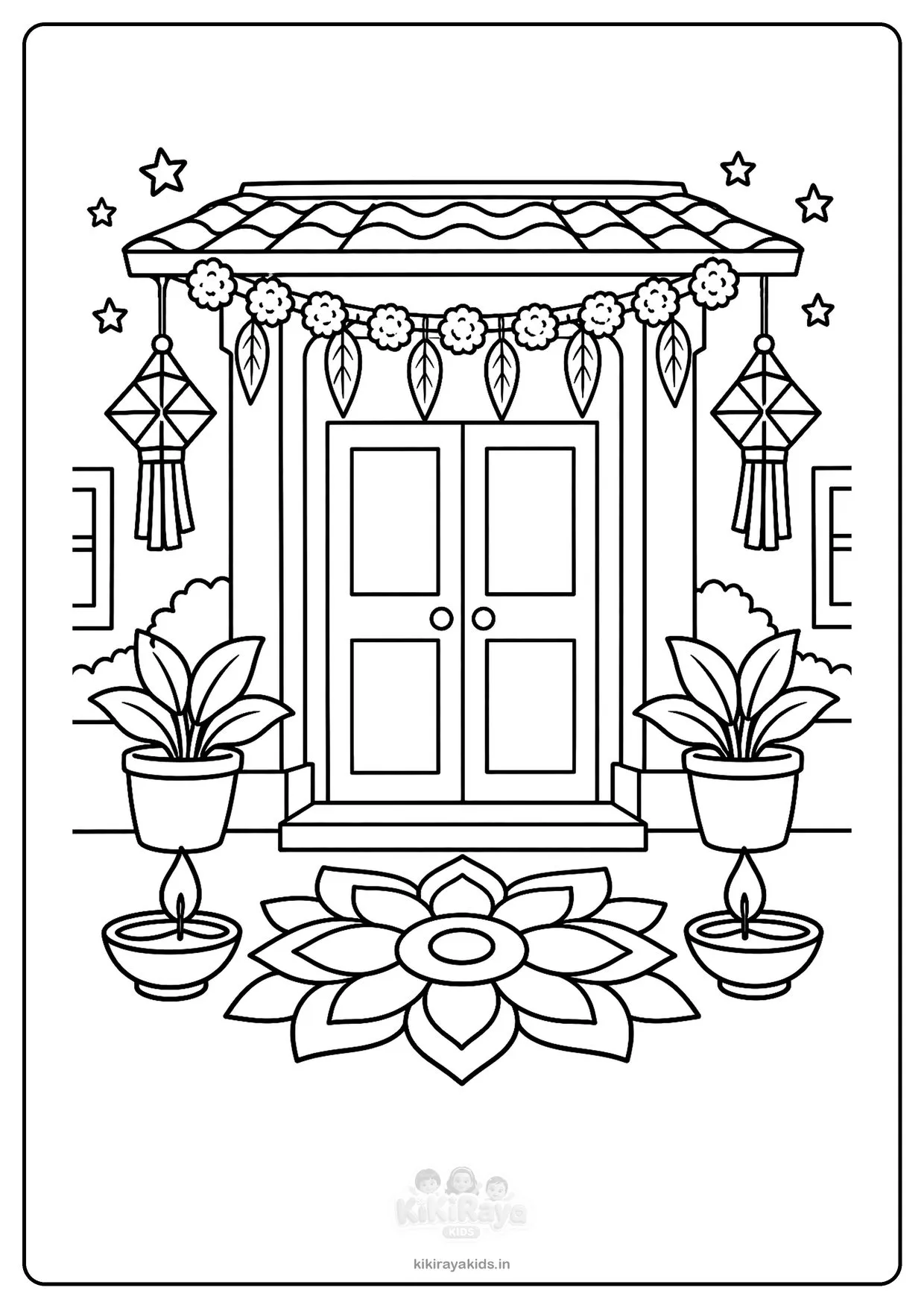 Easy rangoli colouring page: Diwali front door with a big flower rangoli, two diyas, marigold toran and star kandils