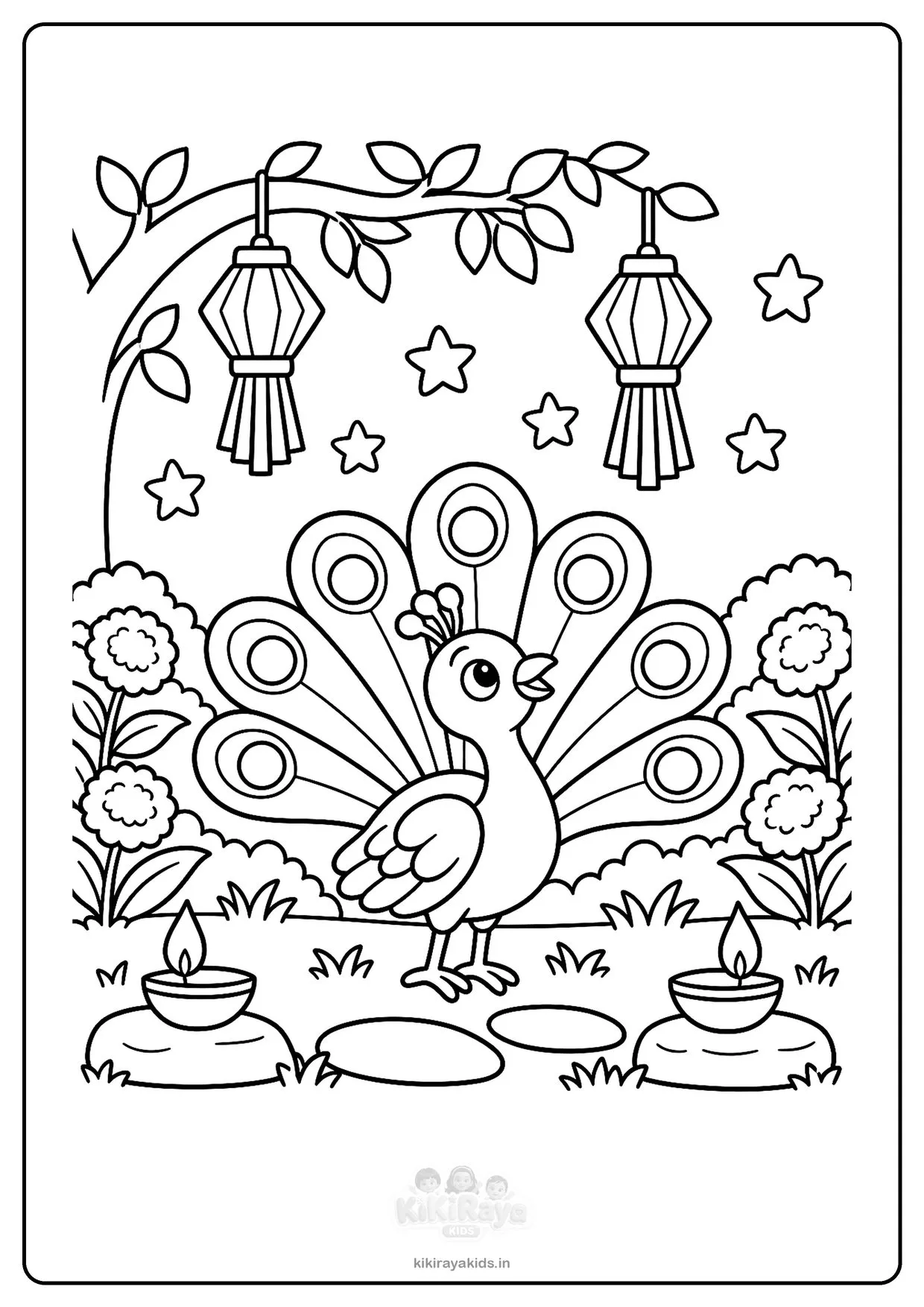Easy Diwali colouring page: cute peacock with an open tail under two hanging lanterns, with marigolds and diyas