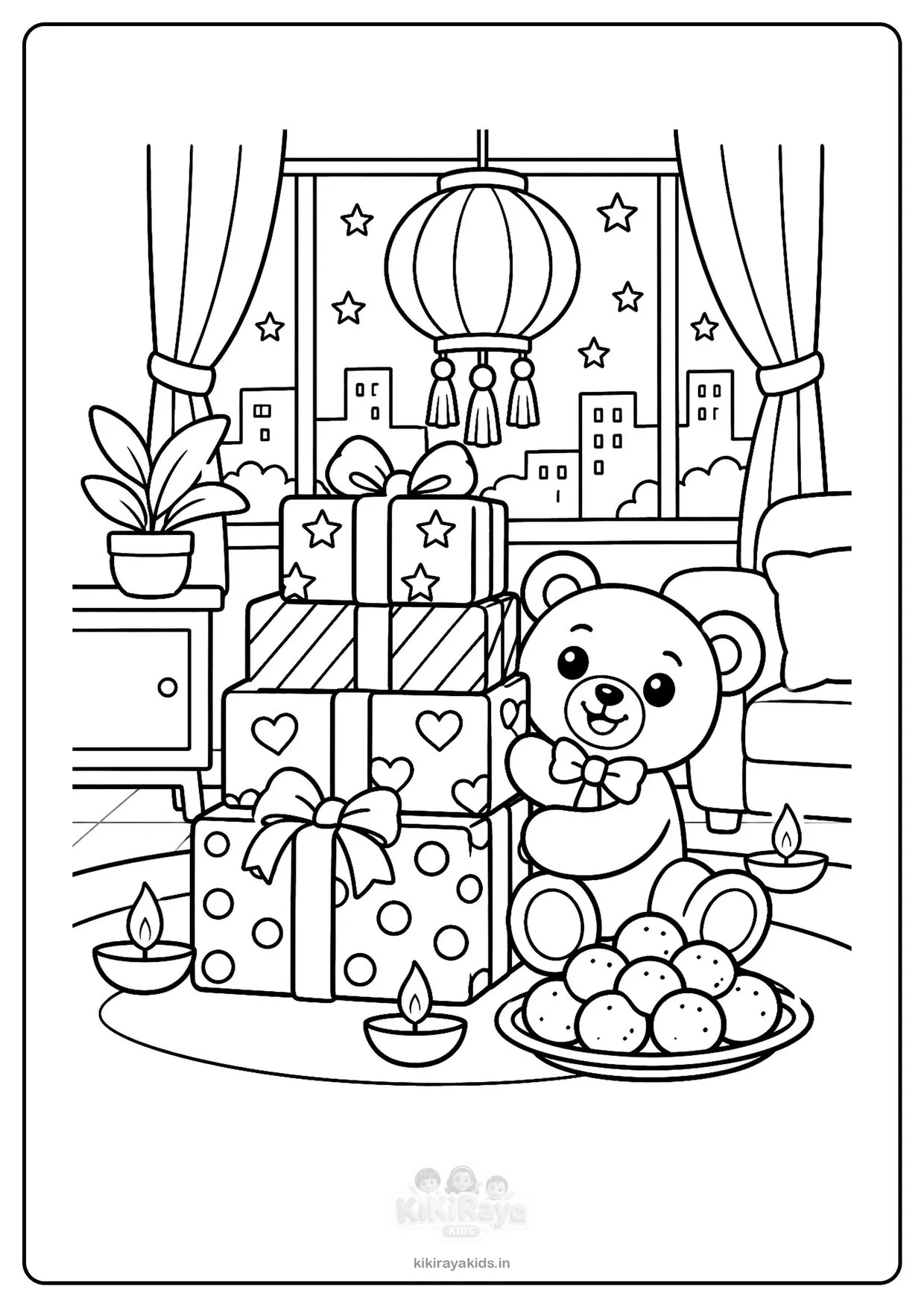 Easy Diwali colouring page: stack of gift boxes with bows, a teddy bear, laddoos and a hanging lantern
