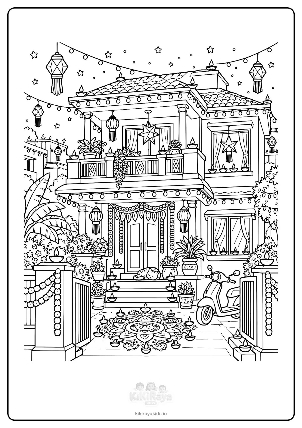 Detailed Diwali colouring page: two-storey house decorated with lights, kandils, diyas, a toran and a rangoli on Diwali night