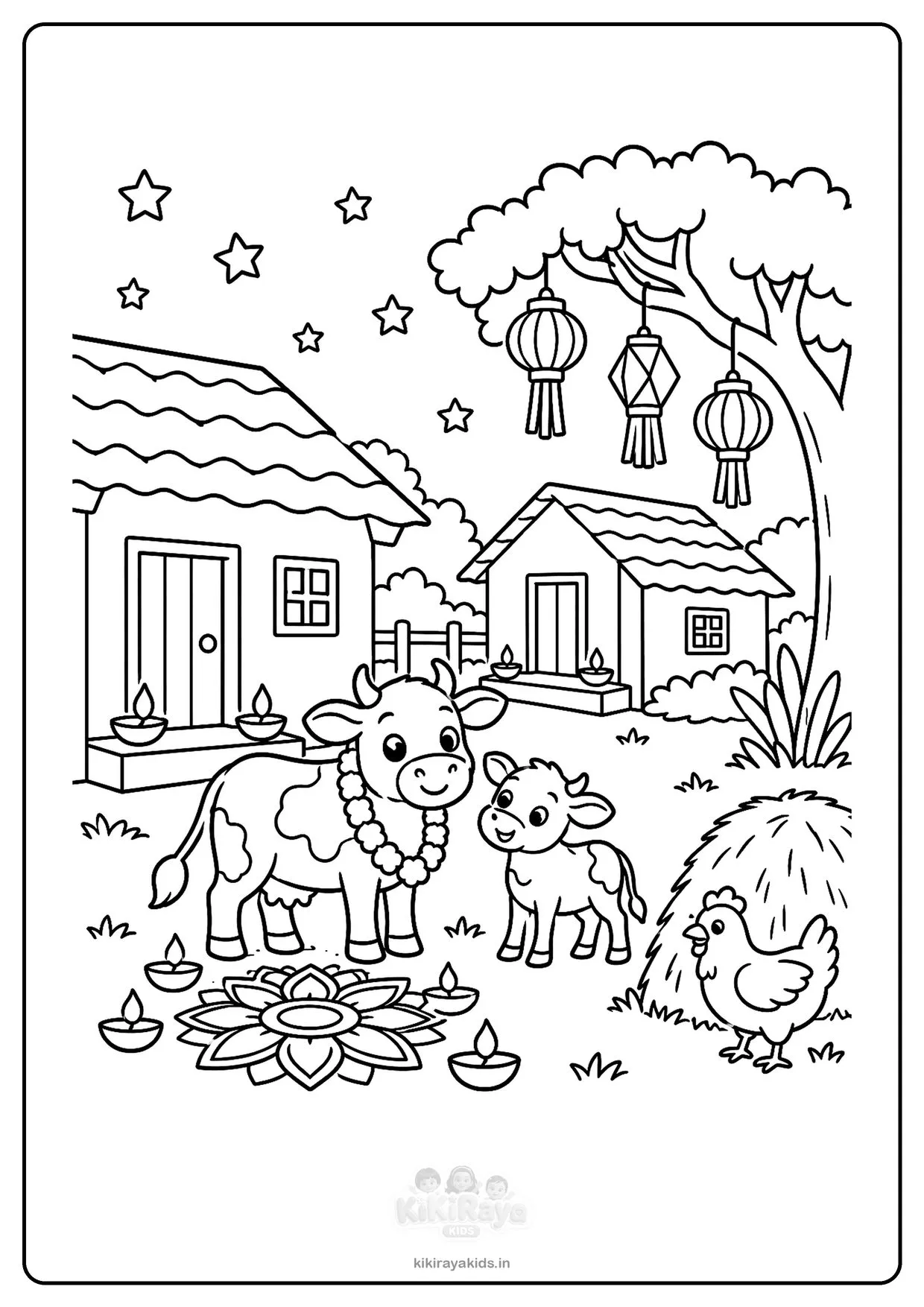 Easy Diwali colouring page: village with huts, diyas, lanterns in a tree, a cow with a marigold garland, a calf and a hen