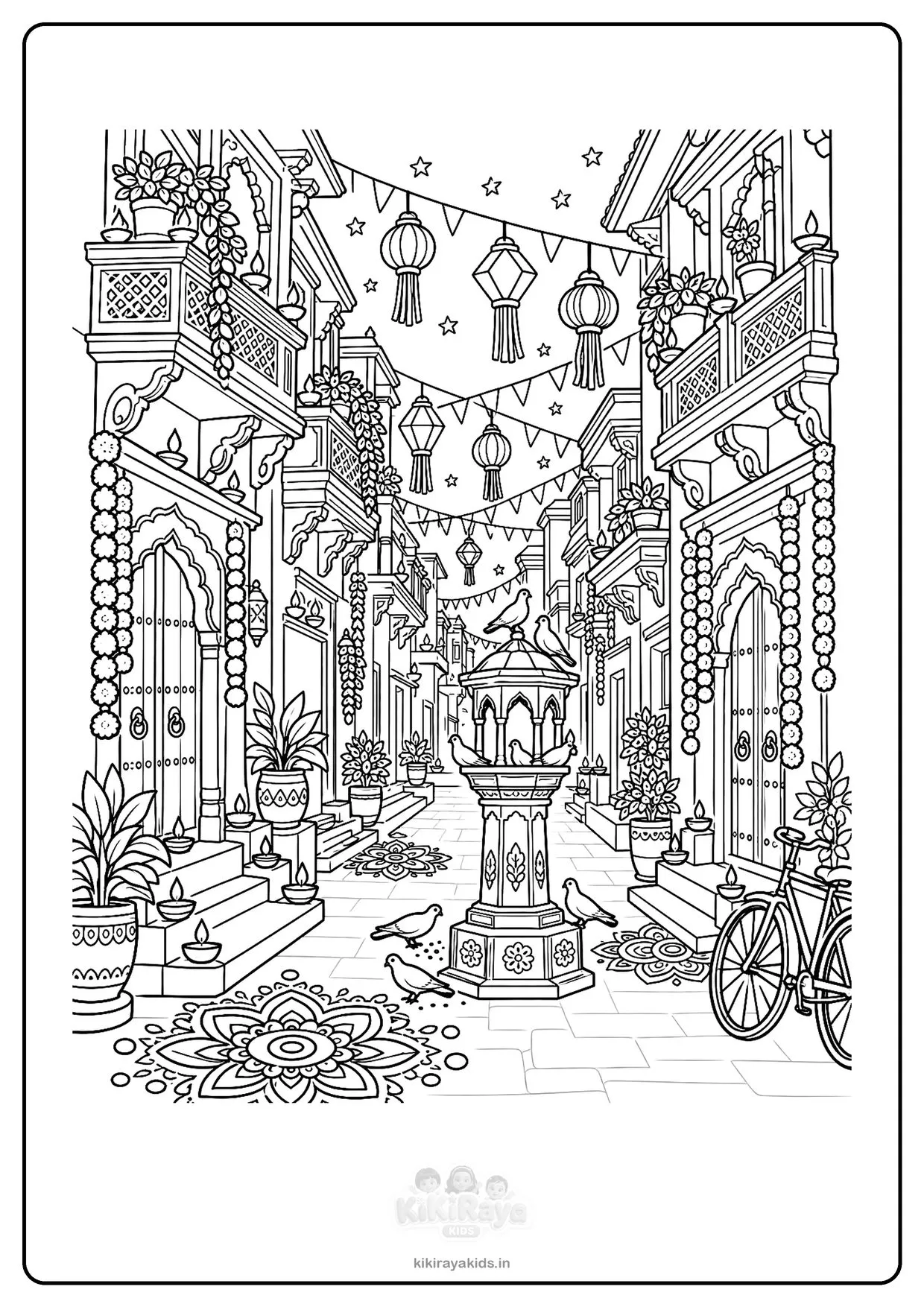 Detailed Diwali colouring page: old Ahmedabad pol street with carved balconies, diyas, lanterns, flags and a chabutro