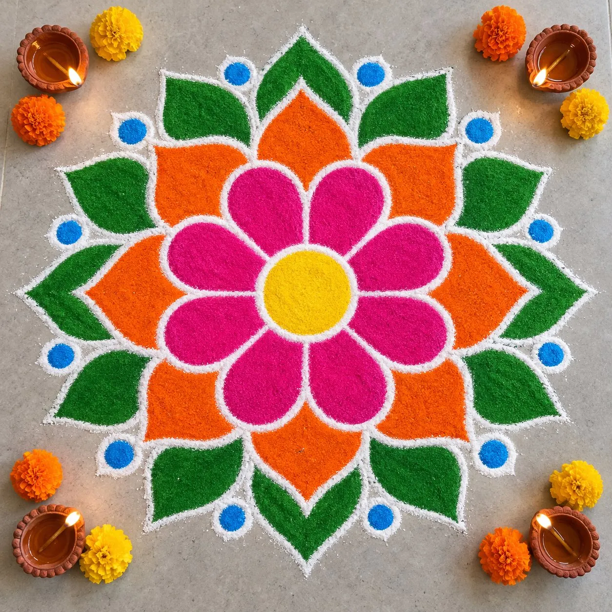Easy flower rangoli design for Diwali with pink petals, orange petals, green leaves and blue dots, with diyas at the corners