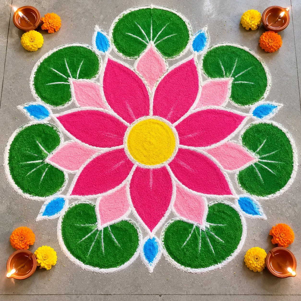 Easy lotus rangoli design for Diwali with pink petals, a yellow centre and green leaves