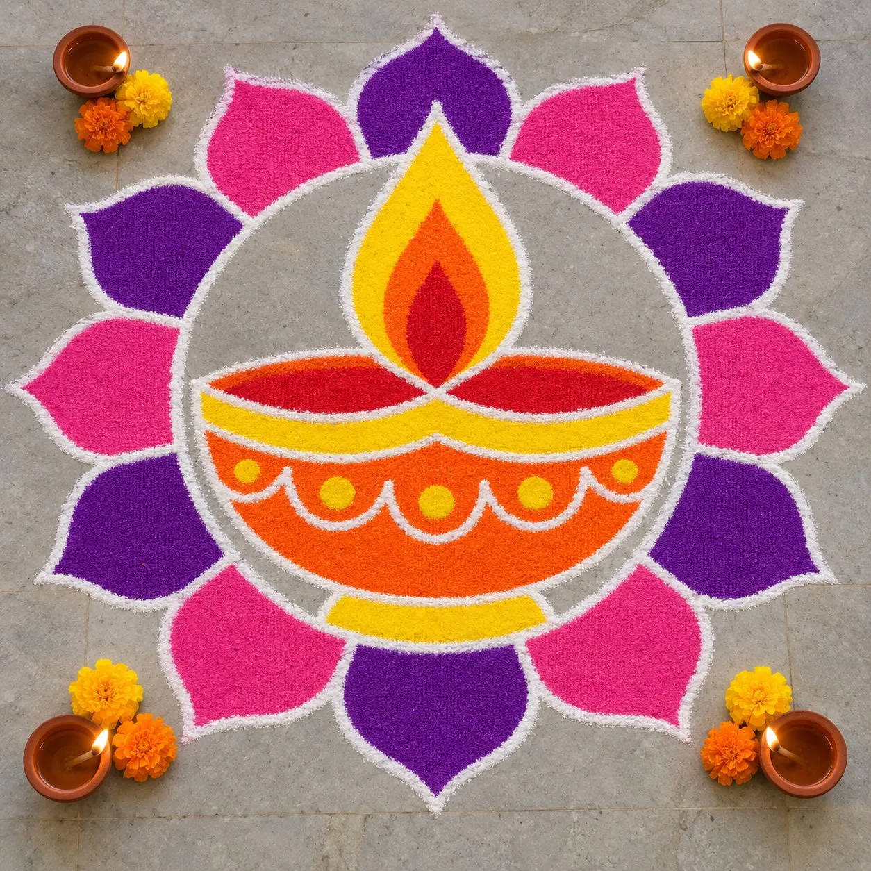 Diya rangoli design for Diwali: a big orange diya with a yellow and red flame inside a ring of purple and pink petals