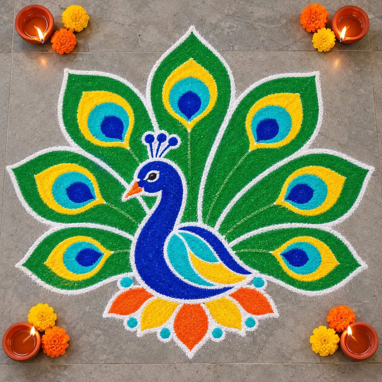 Simple peacock rangoli design for Diwali with a blue body and a green tail of nine feathers with blue and yellow eyes