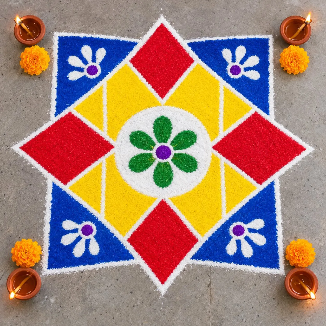 Easy star rangoli design for Diwali: an eight-point red and yellow star with a green flower in the centre and blue corners with white flowers