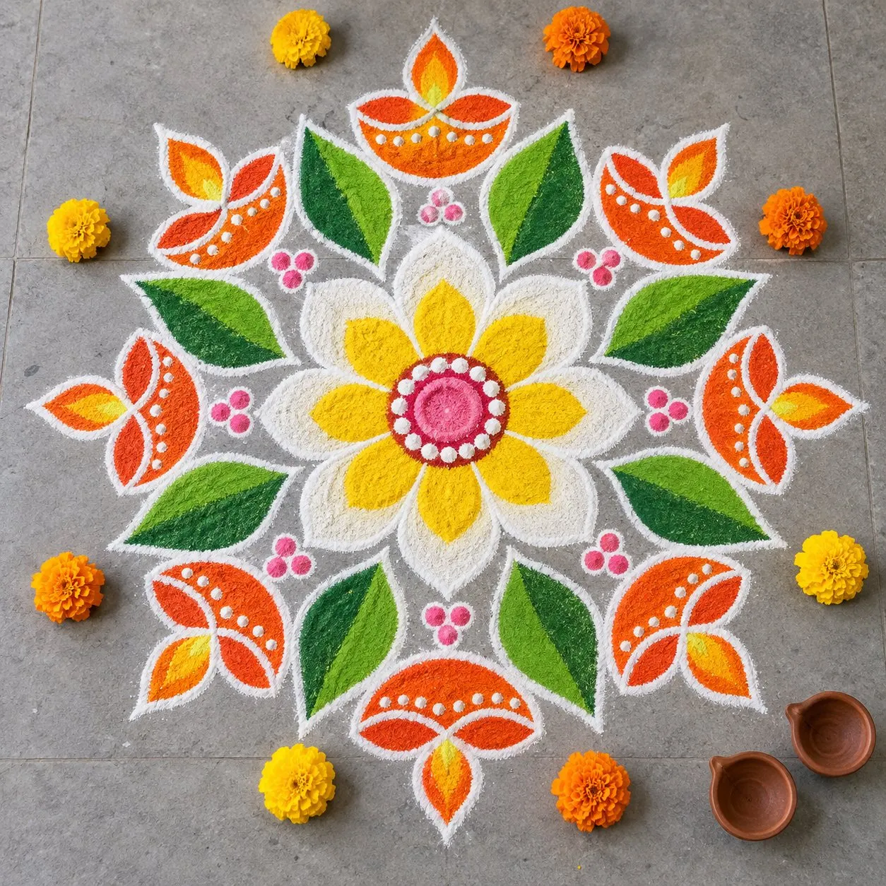 Easy Agiyaras rangoli for Rama Ekadashi: a white and yellow flower with green leaves and orange diya shapes