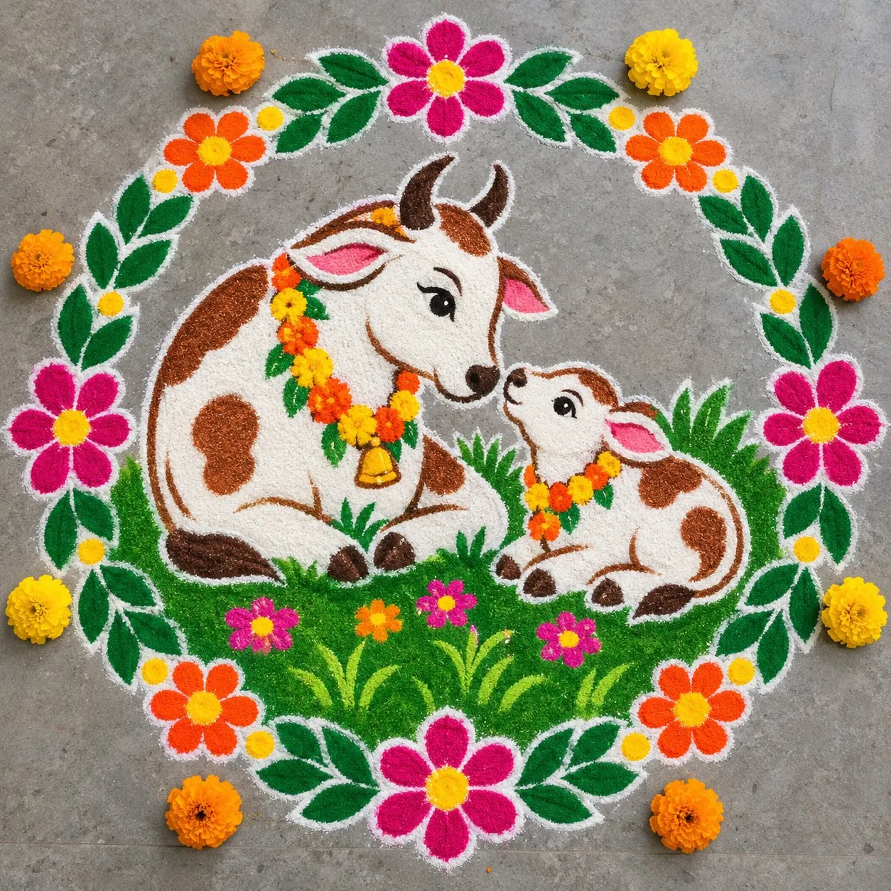 Vagh Baras rangoli design: a cow and calf with marigold garlands inside a ring of pink and orange flowers