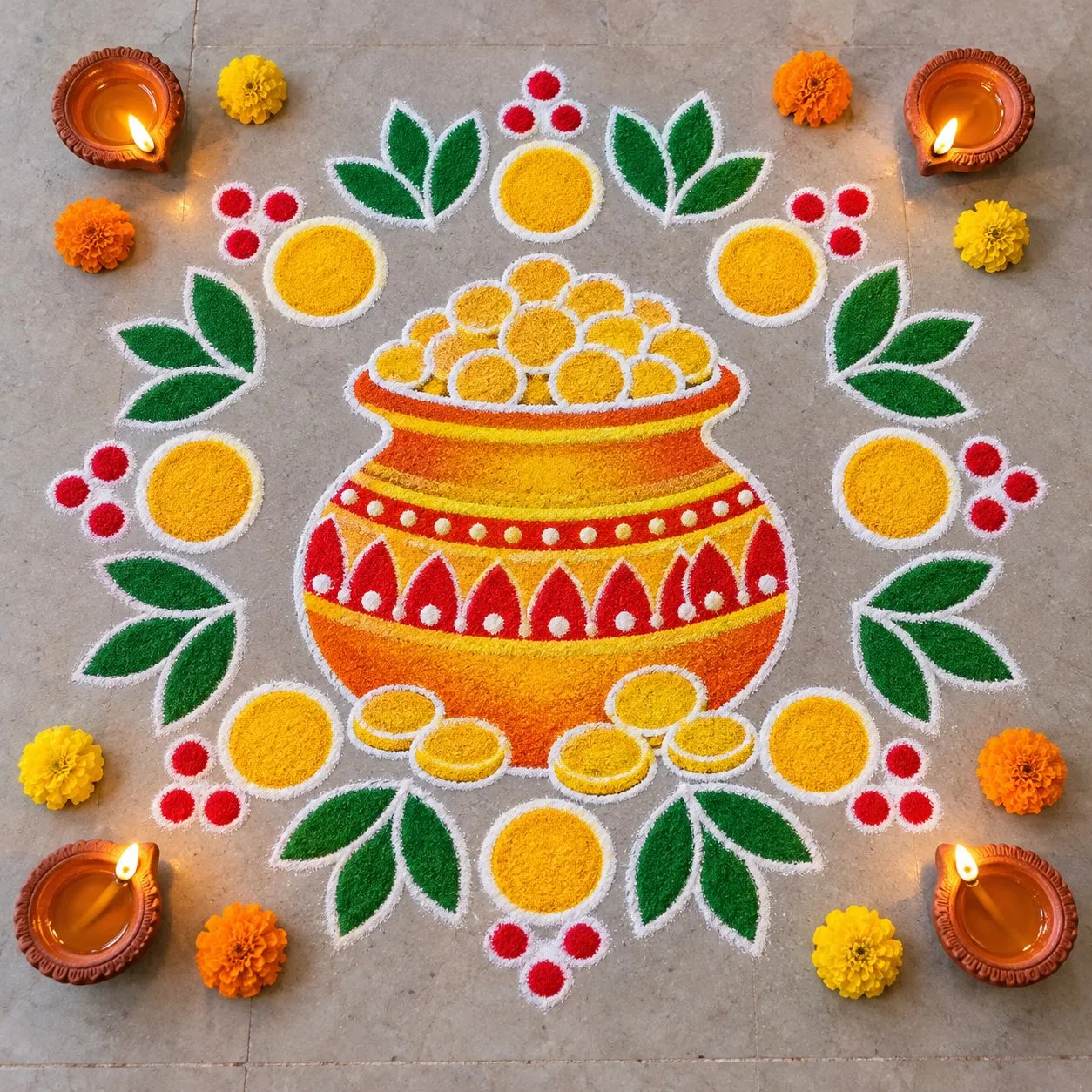 Easy Dhanteras rangoli design: a pot full of gold coins with a ring of gold coins, green leaves and red dots