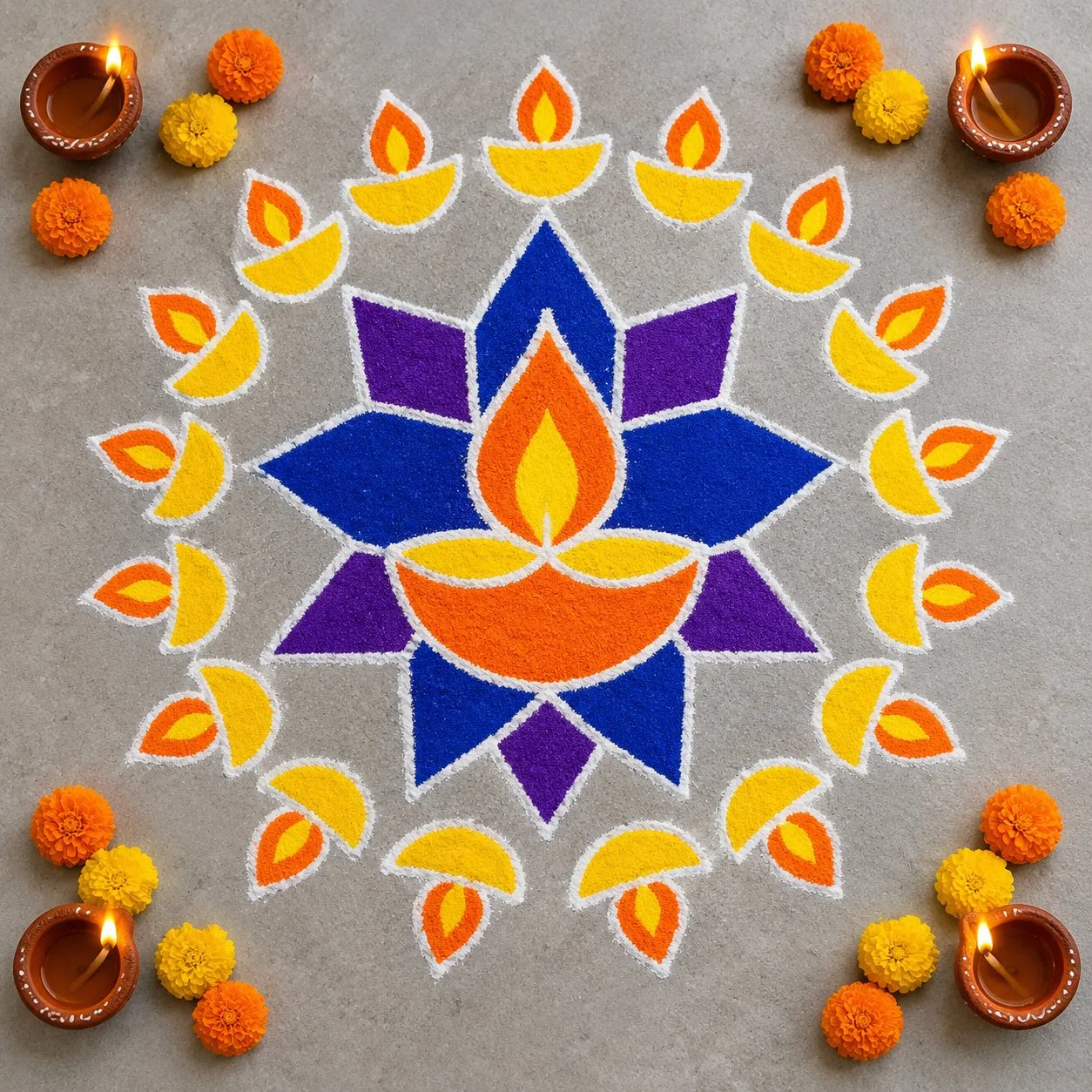 Kali Chaudas rangoli design: a blue and purple star with a big diya in the middle and a ring of yellow lamp shapes