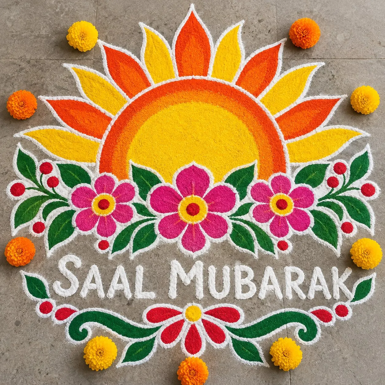 Saal Mubarak rangoli for the Gujarati New Year: a rising sun, pink flowers and the words Saal Mubarak in white