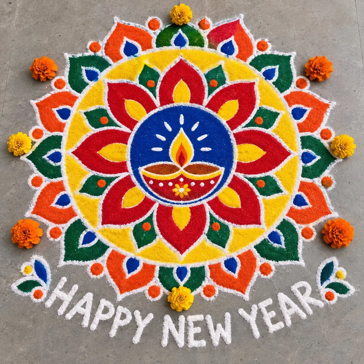 Happy New Year rangoli design: a red, yellow and green flower mandala with a diya and the words Happy New Year in white