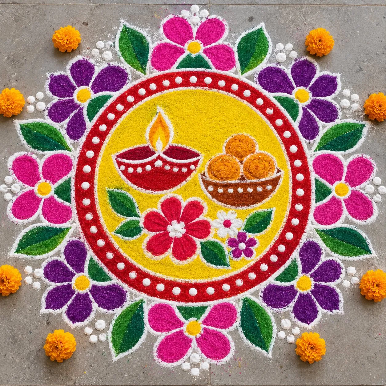 Bhai Bij rangoli design: a yellow thali with a diya and laddoos inside a red ring and pink and purple flowers