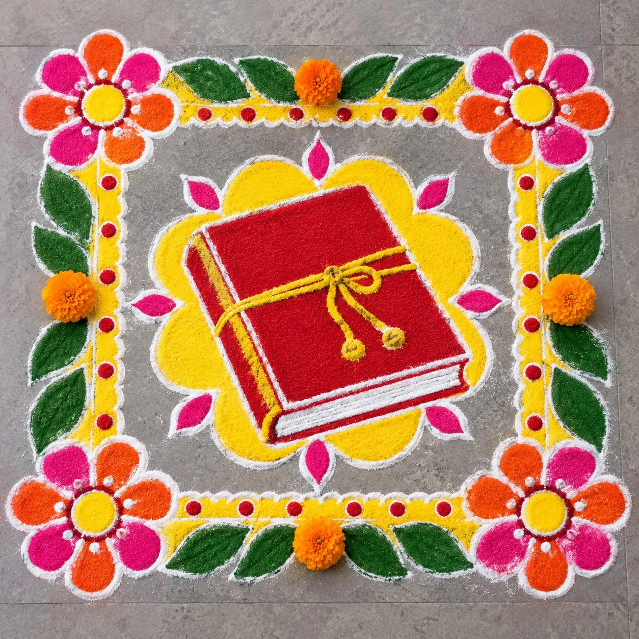 Labh Pancham rangoli design: a red account book with a yellow string inside a square frame with pink and orange corner flowers