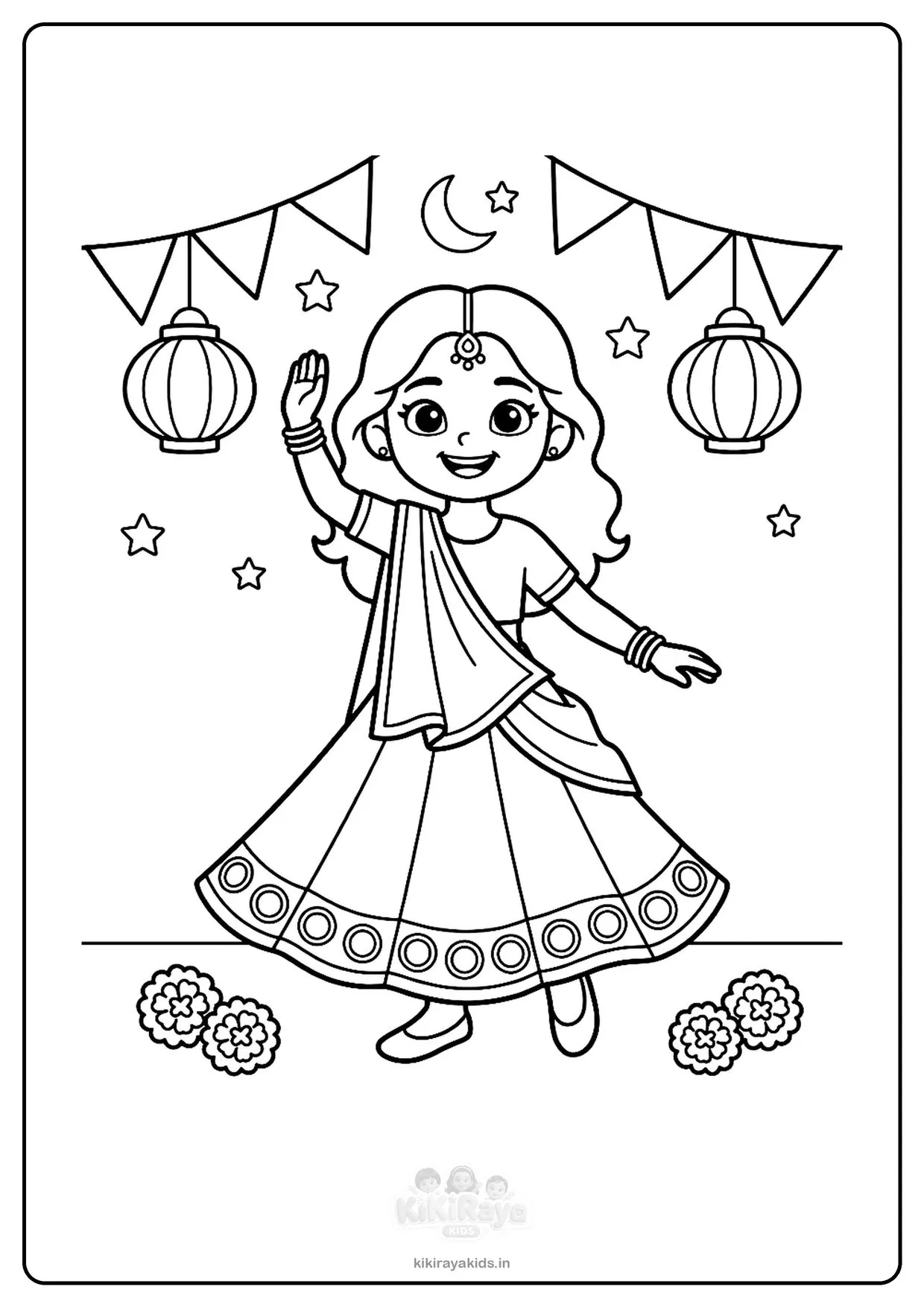 Garba colouring page: Nanu twirling in her chaniya choli under lanterns, flags, moon and stars