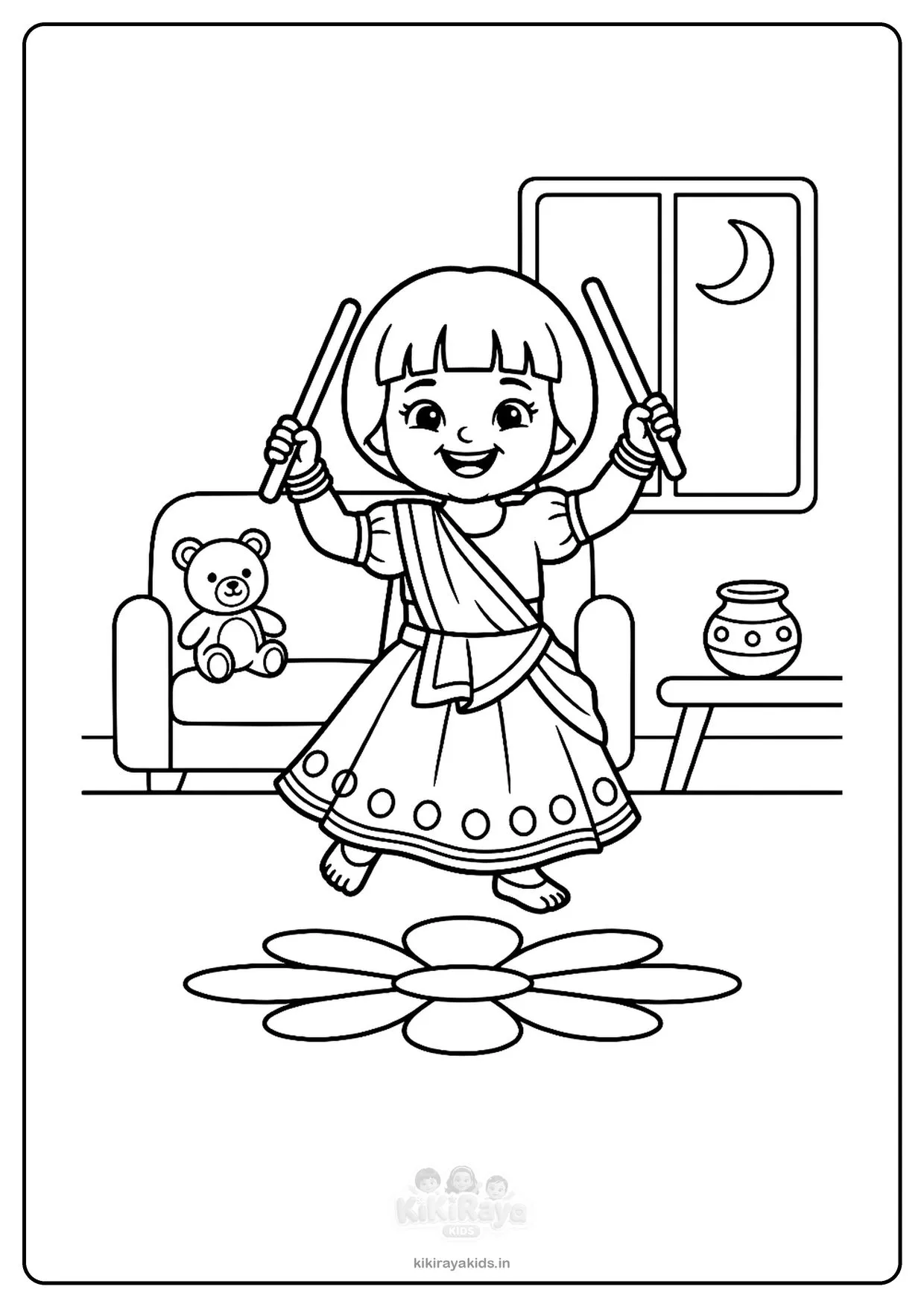 Dandiya colouring page: toddler Kiti holding two dandiya sticks up high at home next to a big flower rangoli and her teddy
