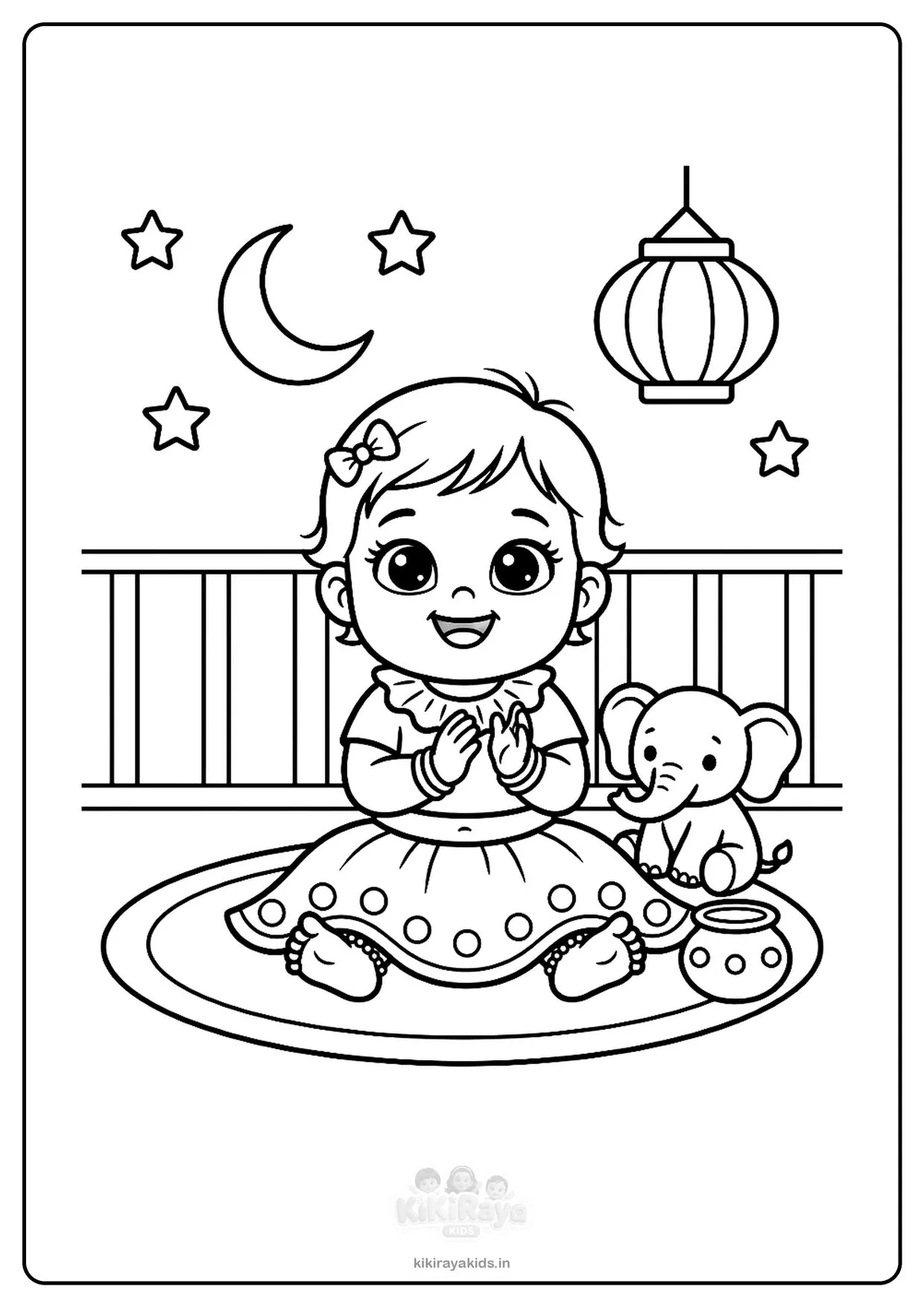 Navratri colouring page for toddlers: baby Pannu clapping with her elephant toy under a lantern