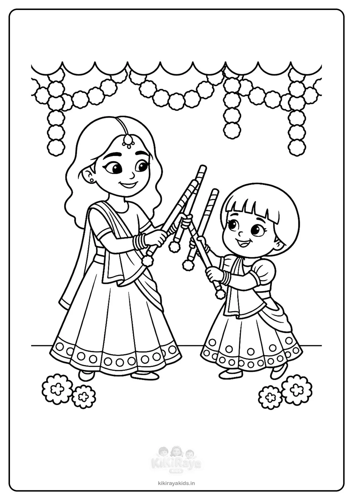 Dandiya raas colouring page: Nanu and Kiti clacking decorated dandiya sticks with tassels under marigold garlands