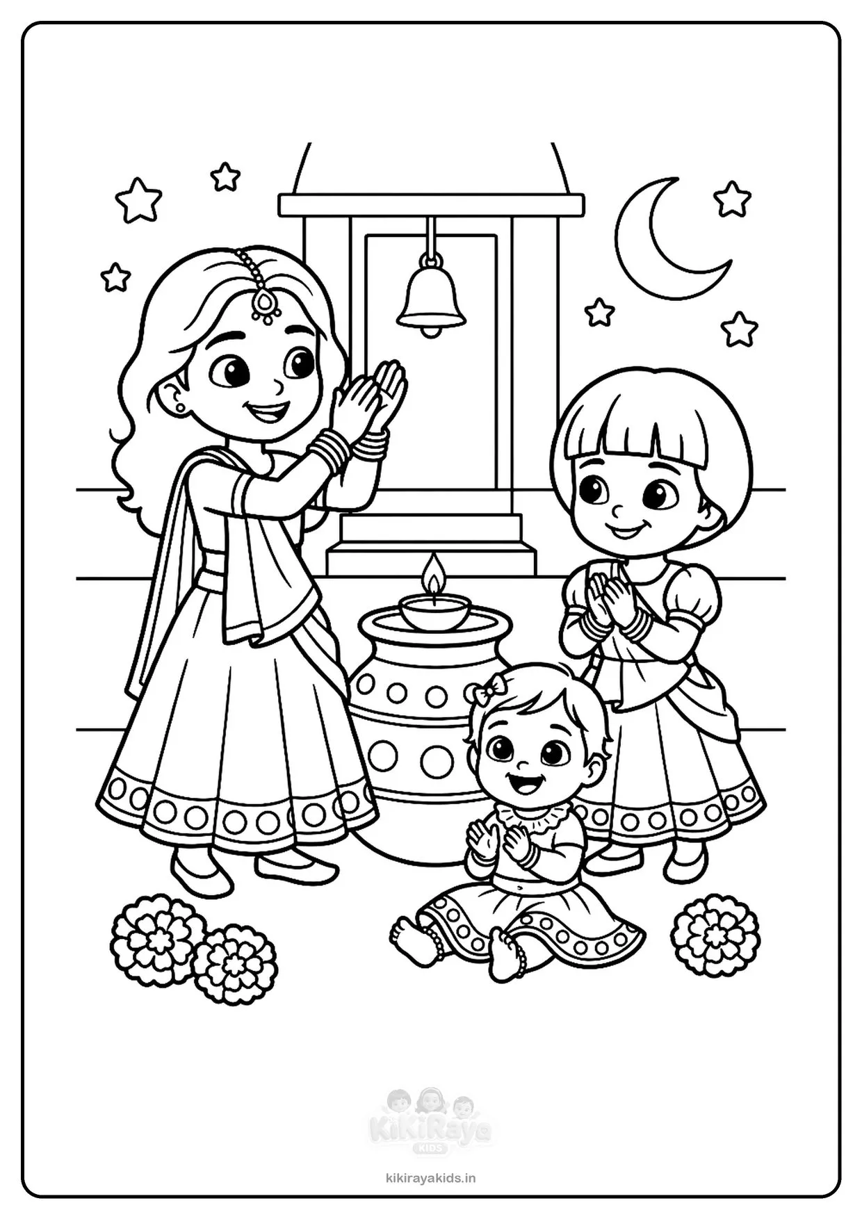 Garba colouring page: Nanu, Kiti and Pannu dancing around a garbo pot in a temple courtyard