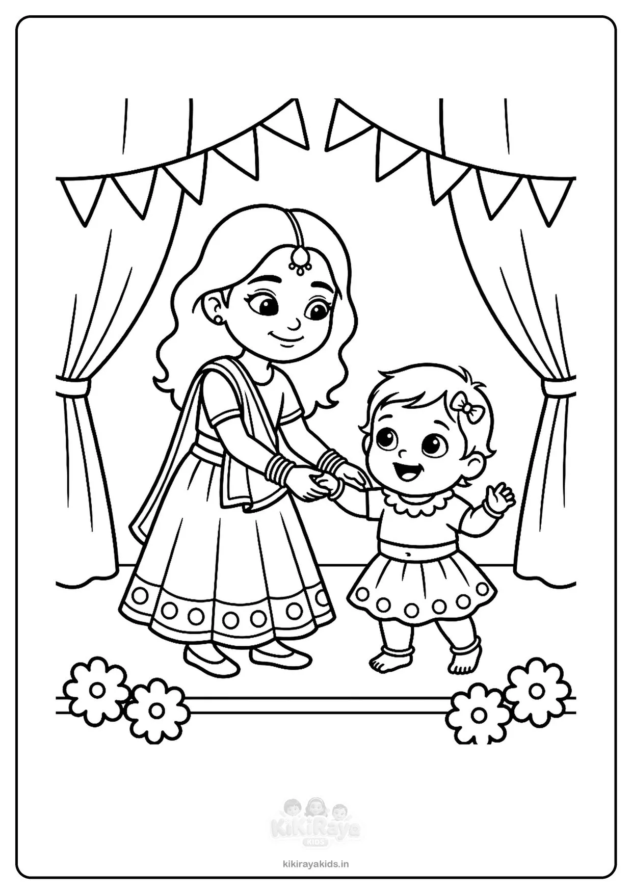 Garba colouring page: Nanu holding baby Pannu’s hands on a school stage with curtains and flags