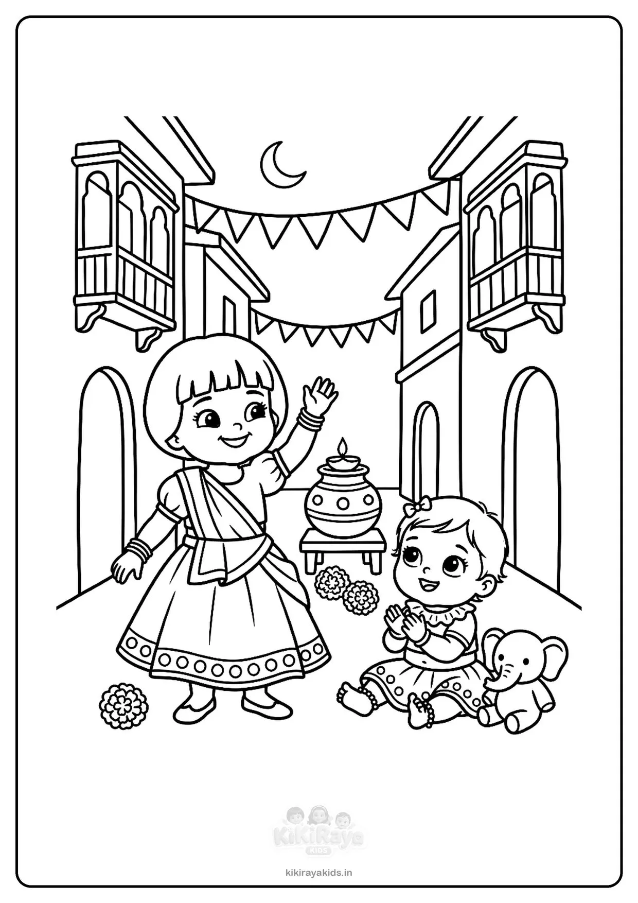 Sheri garba colouring page: Kiti dancing and Pannu clapping in an old Gujarati pol street with balconies, flags and a garbo
