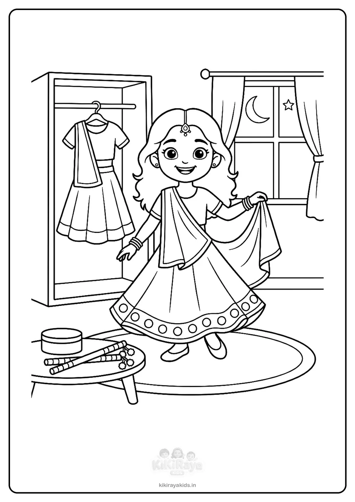 Navratri colouring page: Nanu in chaniya choli getting ready for garba next to a wardrobe, bangles and dandiya sticks