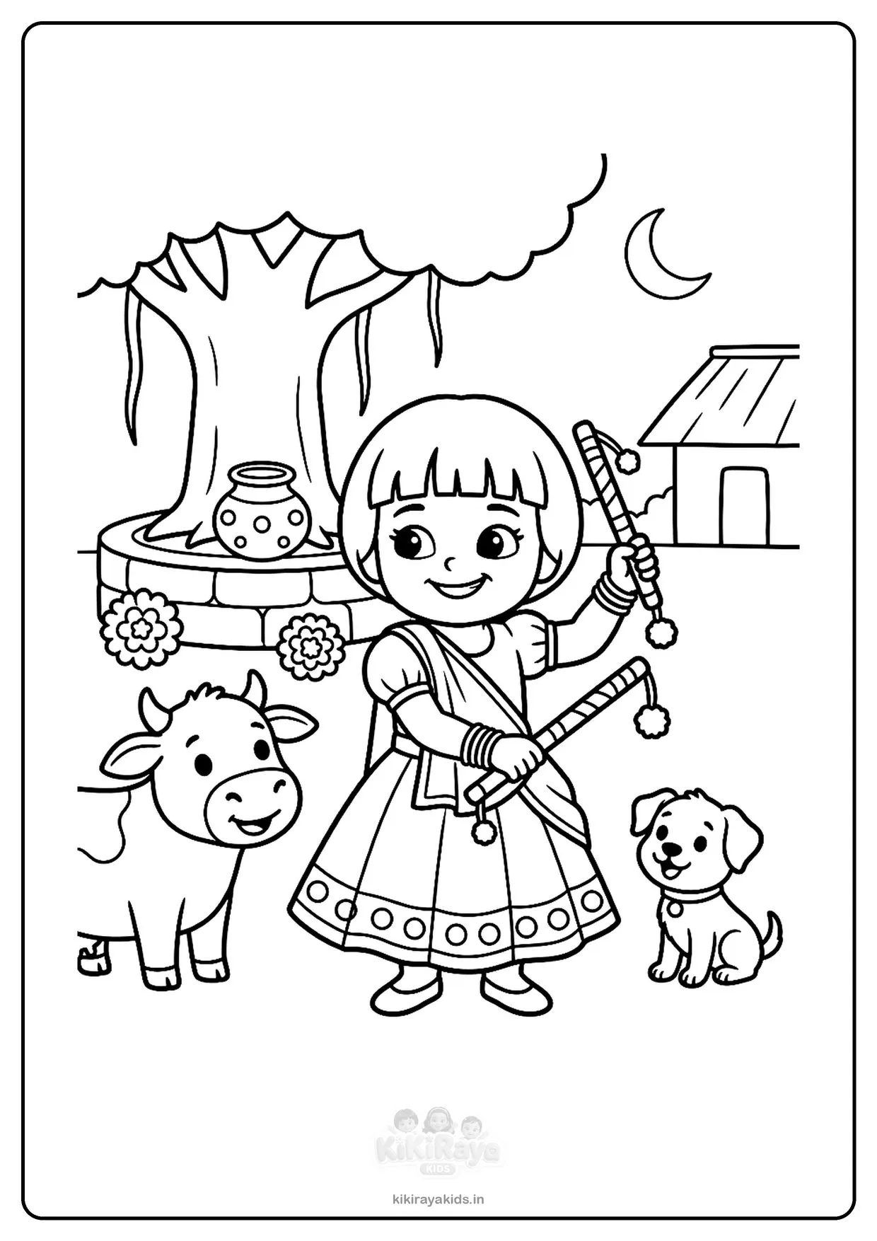 Dandiya colouring page: Kiti dancing in a village square with a banyan tree, a cow and a puppy