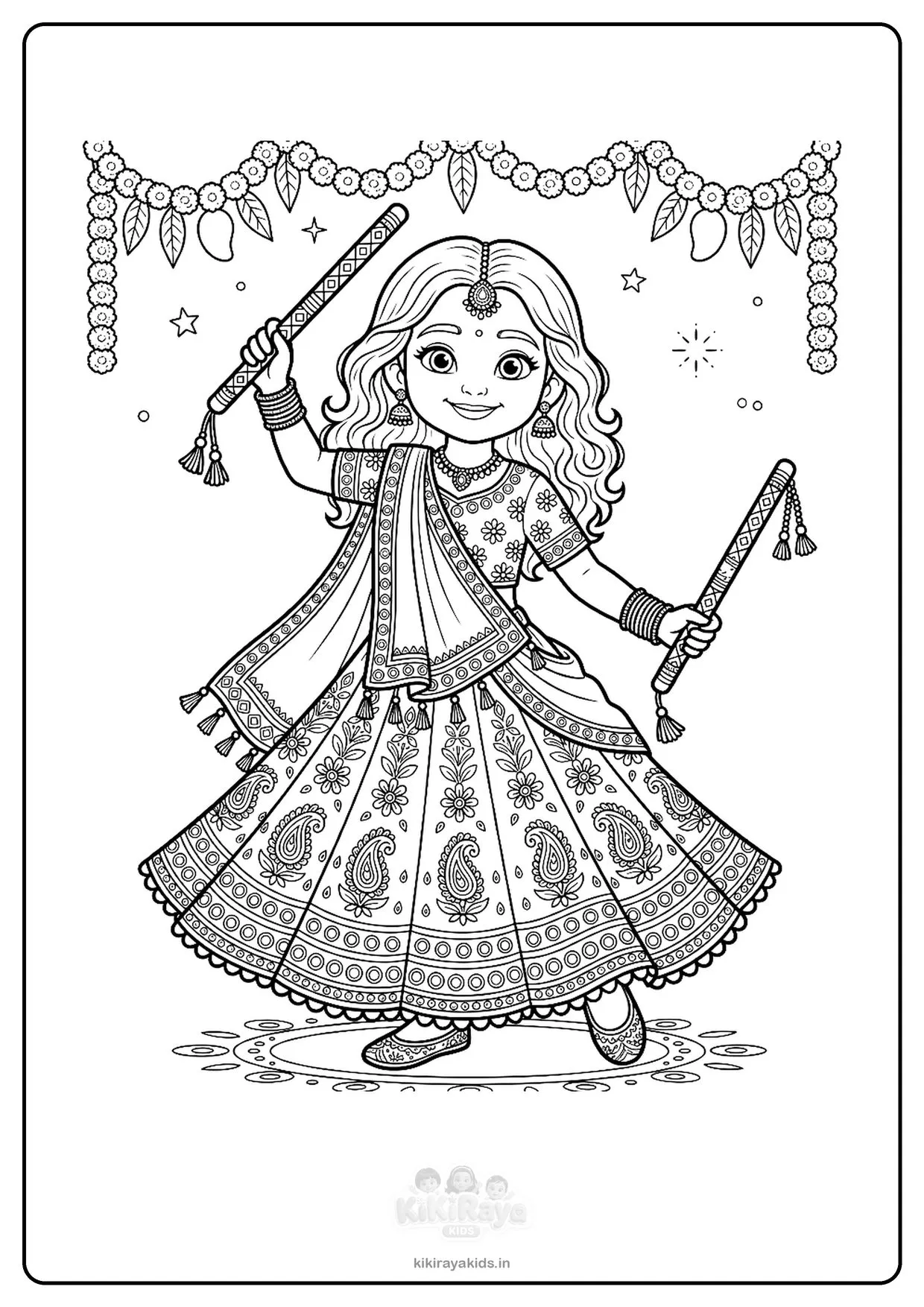 Detailed garba colouring page for older kids: Nanu in a patterned chaniya choli with mirror work holding decorated dandiya sticks